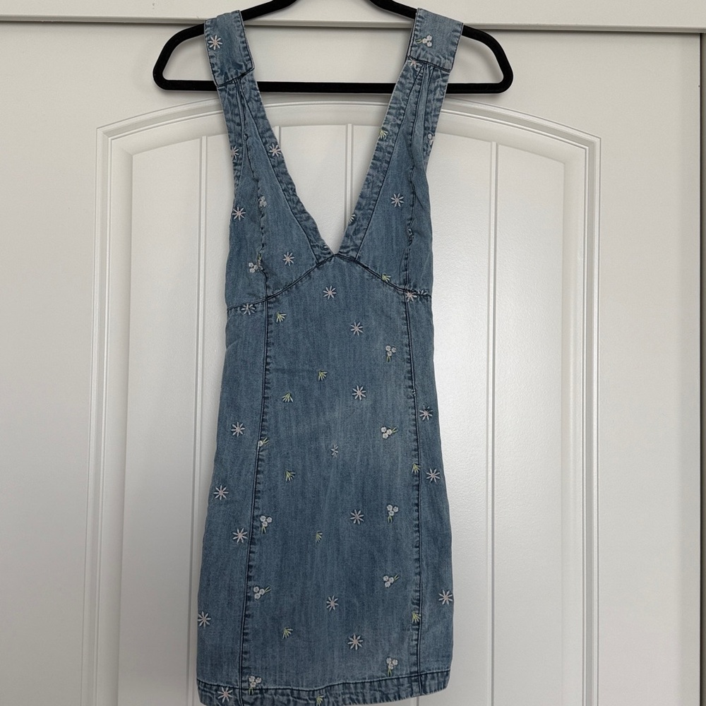 Free People Blue Denim with Floral Embroidery